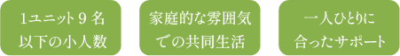 1ユニット9名以下の小人数 家庭的な雰囲気での共同生活 一人ひとりに合ったサポート